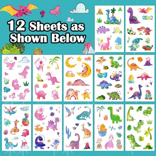 Dinosaur Glitter Tattoos for Kids - 120 Temporary Stickers (12 Sheets)