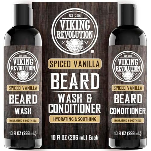 Viking Revolution Beard Wash and Beard Conditioner for Men with Argan Oil and Jojoba Oil - Beard Softener and Strengthener Beard Care Beard Shampoo and Conditioner with Beard Oil (10oz,Spiced Vanilla)