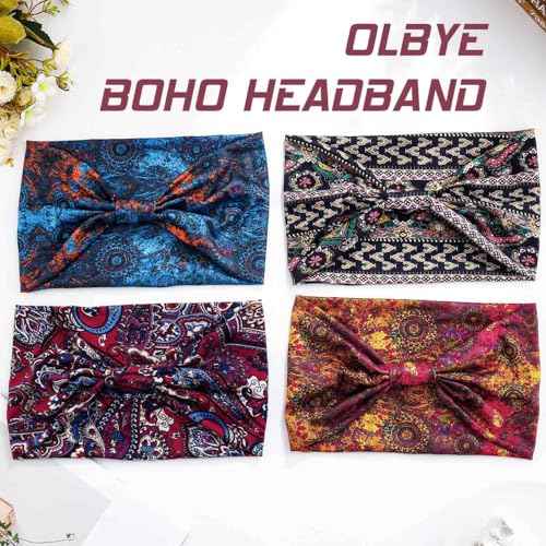 Olbye Wide Boho Headbands Floral Stretch Head Wraps Bohemian African Turban Hairbands Knotted Bandana Headband Yoga Running Head Scarfs Workout Hair Accessories for Women 4Pcs (Boho, 9.4 * 5.9'')
