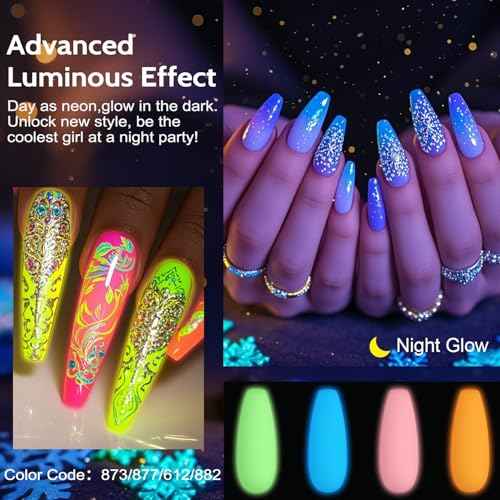 Lavender Violets 49pcs Gel Nail Polish Set 45 Colors Neon Glow in the Dark Effect with Nail Primer Builder Base Coat Glossy & Matte Top Coat Jelly Shades for Christmas Gift Set Nail Art Design A950