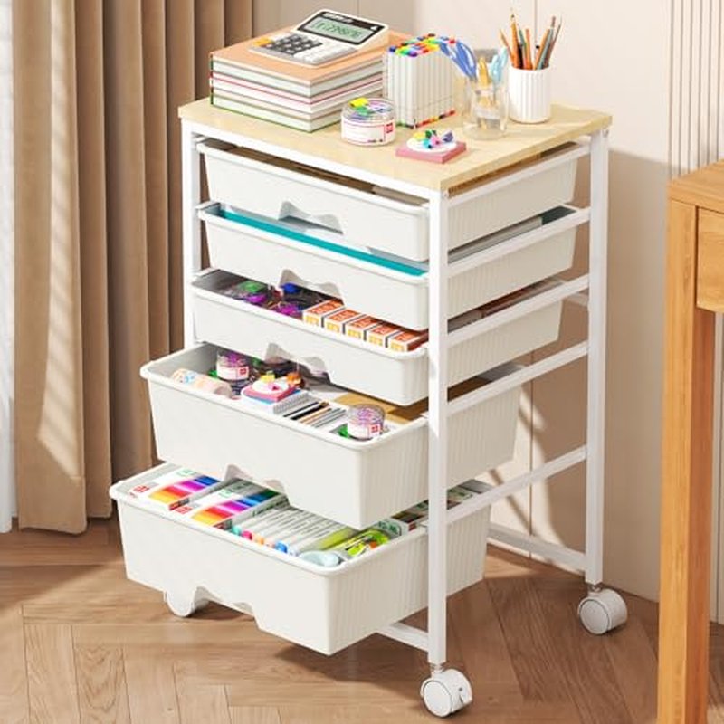 Goovilla 5-Tier Rolling Cart with Lockable Drawers & Wooden Top