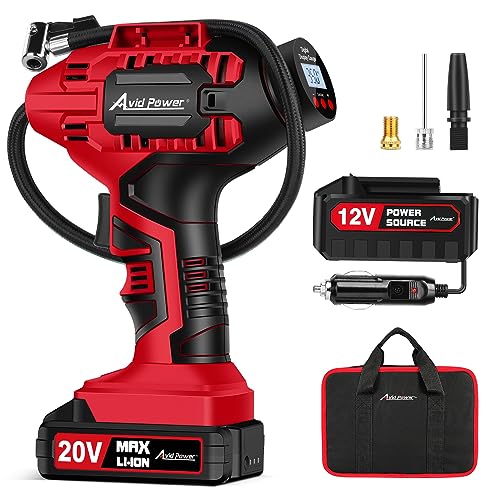 AVID POWER Tire Inflator Portable Air Compressor, 20V Cordless Car Tire Pump, Rechargeable Battery Powered Air Compressor w/12V DC Adapter, Digital Pressure Gauge