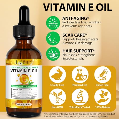 Vitamin E Oil for Skin,75,000 IU Pure Vitamin E Oil for Face, Hair,Nail & Body Tightening Plump Skin,Reduce Fine Lines & Scars,Non-GMO