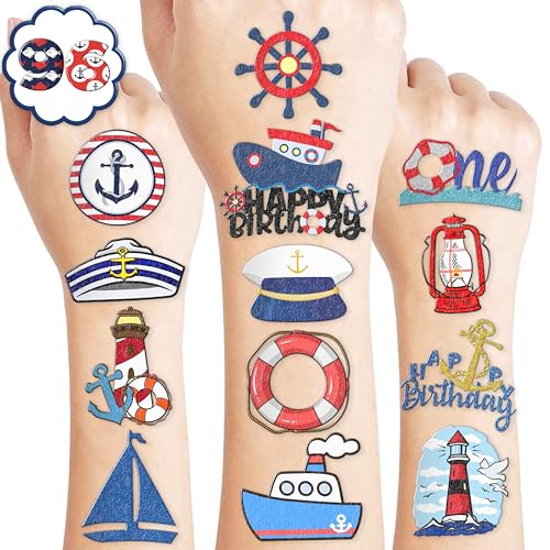 Nautical Temporary Tattoos - 96 PCS Pre-cut Stickers, 8 Sheets