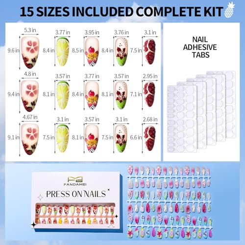 FANDAMEI Press on Nails, 4 Styles 120PCS 3D Flower Press on Nails Short Almond Fake Nails, Medium Almond 3D False Nails, Flower Butterfly Spring Summer Nails for Women