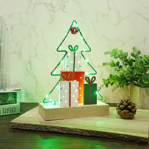 Lulu Home Christmas Tabletop Decoration, Wooden Pre-lit Christmas Tree Ornament with Green Metal Frame, Battery Operated LED Light Up Holiday Sign for Indoor Mantel Shelf Decor