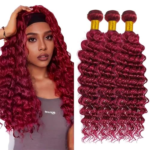 99J Burgundy Deep Wave Human Hair 3 Bundles 18-22 Inch