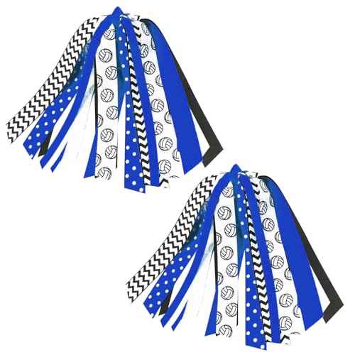 2PCS Volleyball Ponytail Holders for Women Blue Black Glitter Hair Ribbons Streamer Volleyball Elastic Hair Ties Band Scrunchies Game Day Party Decor Back School Gift for Cheerleader Fans