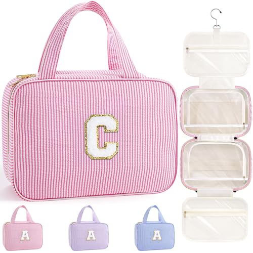 TOPEAST Gifts for Teen Girls Kids - Travel Hanging Toiletry Bag, Personalized Initial Toiletry Pouch, Gifts for Mom Daughter Sister Friends, Letter C, Pink