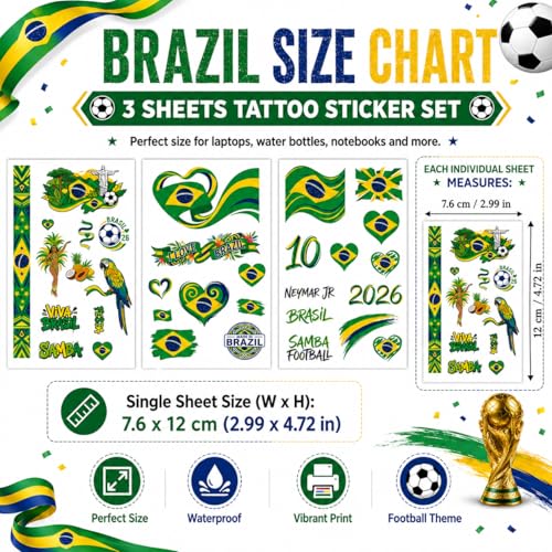 Brazil Flag Temporary Tattoos for World Cup 2026 - Soccer Fan Body Stickers