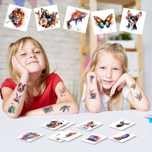 102 PCS Individually Wrapped Watercolor Animals Temporary Tattoo - Animals Temporary for Girls Boys Body Arm Shoulder Tattoos Stickers, Rewards Prizes & Party Supplies Gifts