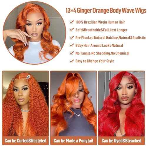 32 Inch Ginger Lace Front Wigs Human Hair Body Wave Wigs 13x4 HD Transparent Lace Frontal Glueless Ginger Orange Wigs Human Hair 180% Density Orange Wig Pre Plucked With Baby Hair