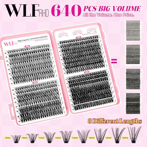 WLF Lash Clusters Kit 640 Pcs Lash Extension Kit Individual Lashes D Curl Clusters Eyelashes Extensions Kit with Lash Book Eyelash Bond and Seal Remover Tweezers Brush(Mix 9-16mm,30D+40D+50D+60D Kit)