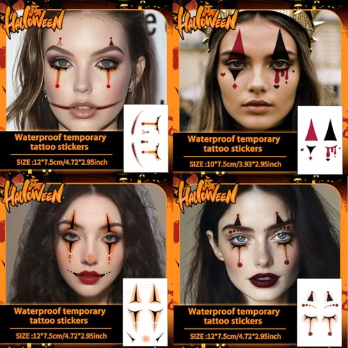 Halloween Clown Face Tattoos - 8 Sheet Temporary Stickers