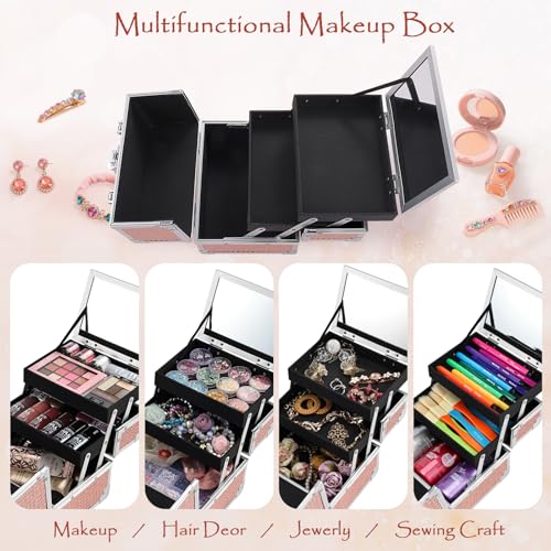 Costravio Makeup Box with Mirror, Makeup Organizer Case Train Case for Girls Women Kids Make up Box Makeup Case Organizer with Lock and Key Storage Vanity for Polishes Cosmetic Jewelry, Shiny Pink