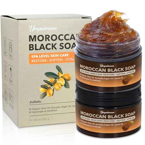 2 PCS Unrefined Moroccan Black Soap Handcrafted, Argan Oil Authetic Black Beldi Soap SPA Level Highly Moisturize, Purify and Soften Skin, with Laurel Oil for Face and Body, Unscented, 5.29 oz/150 g