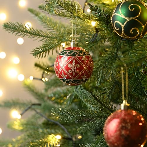 Valery Madelyn Christmas Tree Decorations Set, 9ct Red Green and Gold Shatterproof Christmas Ball Ornaments Bulk, 2.76 Inches Traditional Country Hanging Ornaments for Christmas Trees Xmas Decor