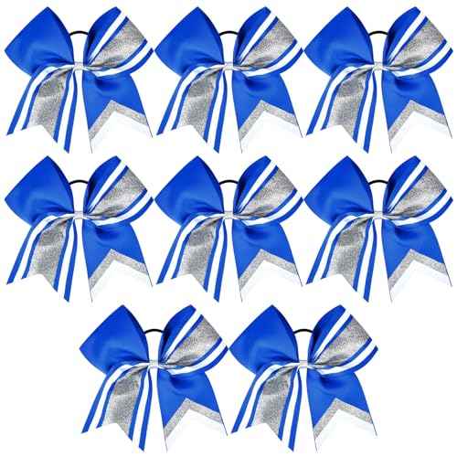 8 PCS Large Glitter Cheer Bows 8" Hair Bows Sparkly Cheerleading Softball Team Bow Hair Ponytail Holder Accessories for cheerleaders football Competition Sports- Silver Blue White