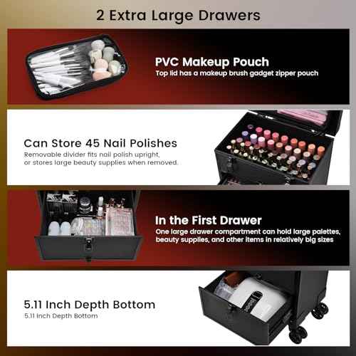 Professional 3 in 1 Rolling Makeup Case Cosmetology Case on Wheels 2 Large Drawer Nail Case Trolley Traveling Cosmetic Train Case with Makeup Pouch for Artists Nail Technician Salon Cart Trunk Black