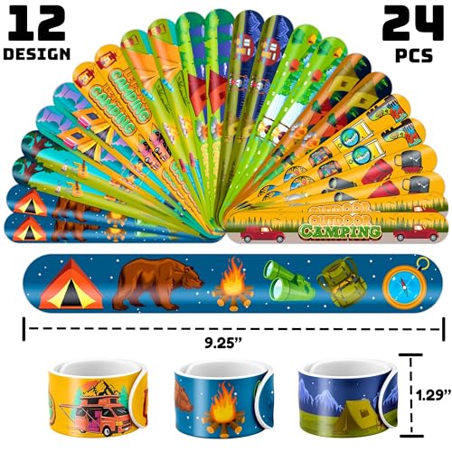 48 PCS Camping Party Favors 24PCS Tattoos Sticker 24PCS Slap Bracelets Wristbands Perfect for Camp Themed Birthday Baby Showers or Classroom Rewards Ideal Decor and Gifts for Girls and Boys