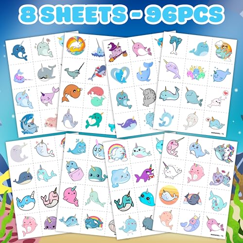 96PCS Narwhal Temporary Tattoos - Pre-Cut Party Favors