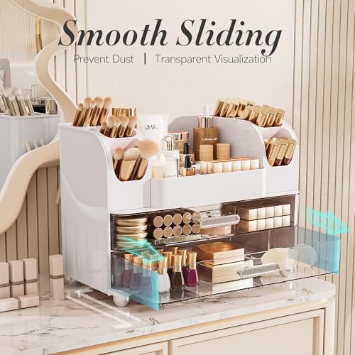 Delamu Large Makeup Organizer with 6 Brush Holders & 2 Drawers