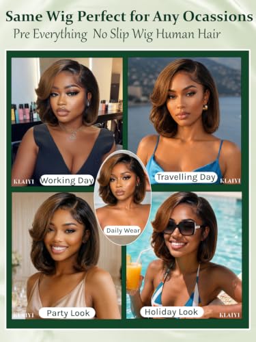 KLAIYI Ombre Brown Layered Bob Straight Wig 12" Glueless 7x5