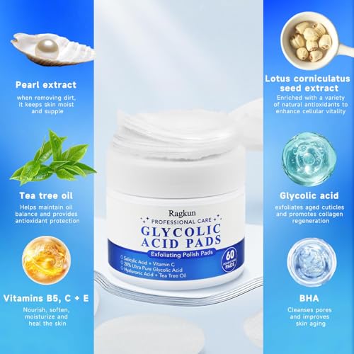 Glycolic Acid Pads, Exfoliating Resurfacing Pads for Face with Salicylic Acid Pad with Tea Tree Oil, Exfoliating Face Peel & Radiance Deep Cleaning Effect, 60 Count