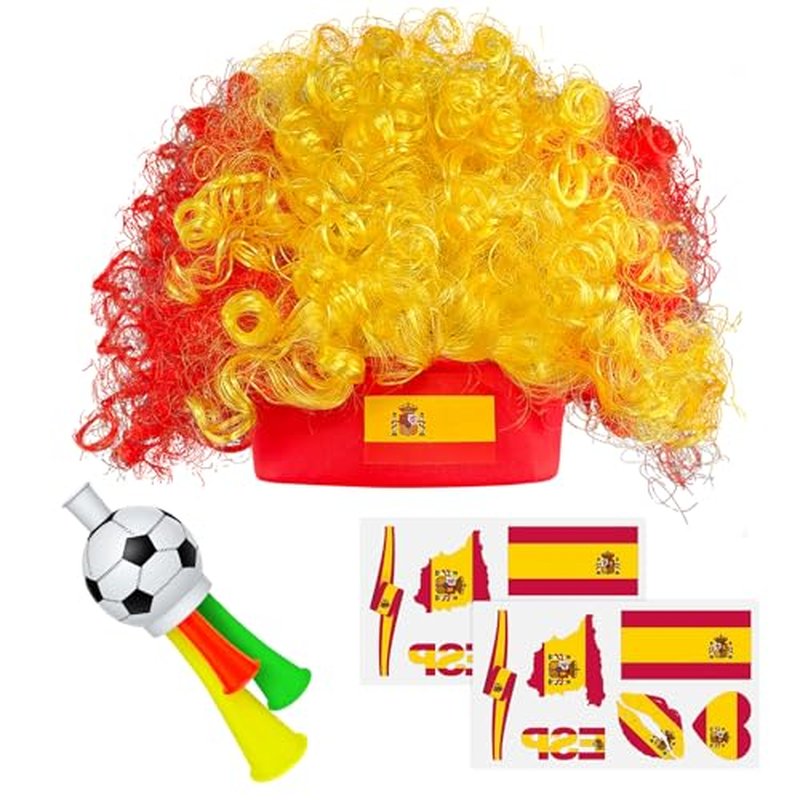 2026 Spain Soccer Fan Gear Set with Wig, Tattoos & Horn