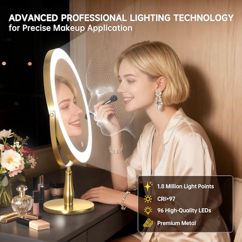 11.8" Extra Large Lighted Makeup Mirror, 1X/10X, 2-Sided Magnifying Mirror with 96 LEDs, 3 Color Dimmable Lights, 360¡Æ Swivel, LED Vanity Mirror, White - Great Gift Gold