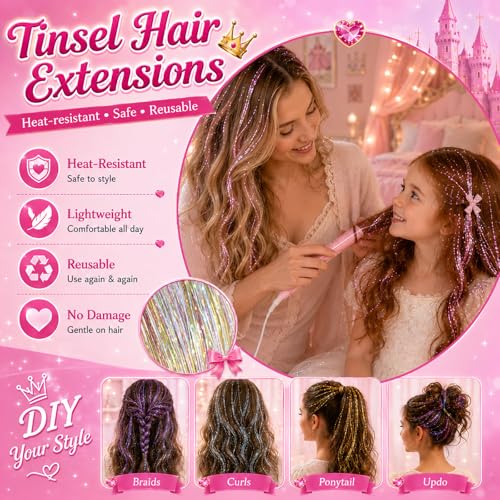 Amztulip Gold-Silver-Pink Hair Tinsel Kit with Tools, Glitter Extensions for Girls, 7 Pack