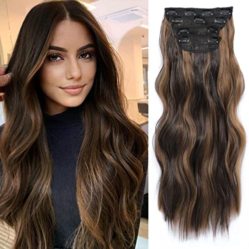 Bilisar Clip in Hair Extensions for Women Highlight Wavy Curly Long Synthetic Hairpieces for Women 20 inch 4pcs Ash Brown mix Ash Blonde Full Head