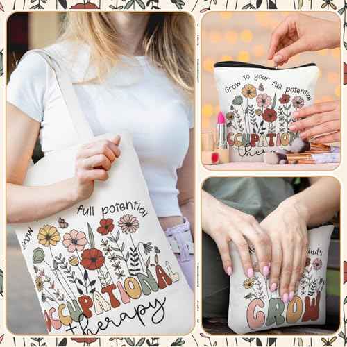 2 Pcs Christmas Occupational Therapy Gifts Boho Style OT Tote Bag with Makeup Bag Occupational Therapist Appreciation Gift Thank You Christmas Birthday Present for Women OT