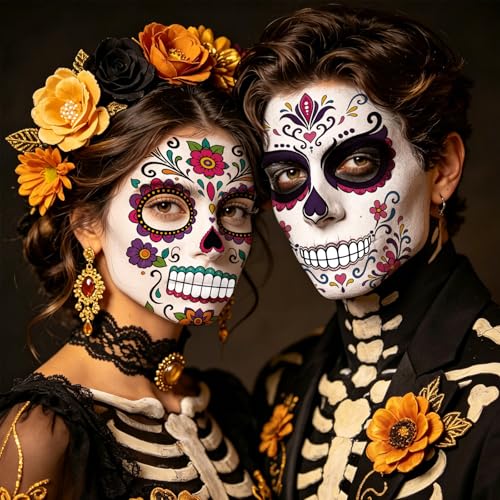 16-Pack Day of the Dead Face Tattoos | Sugar Skull Halloween