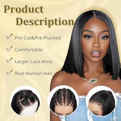 9x6 Bob Wig Human Hair Glueless Wigs Human Hair Pre Plucked Pre Cut HD Lace Front Glueless Wigs Human Hair 200% Density Short Straight Bob Wigs for Black Women 12 inch