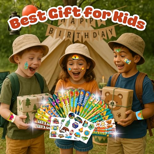 48 PCS Camping Party Favors 24PCS Tattoos Sticker 24PCS Slap Bracelets Wristbands Perfect for Camp Themed Birthday Baby Showers or Classroom Rewards Ideal Decor and Gifts for Girls and Boys