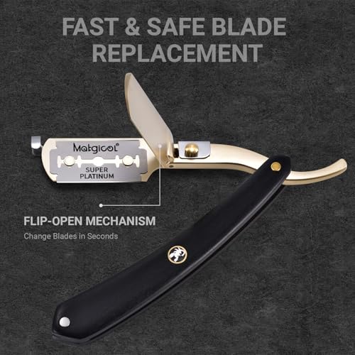 Professional Straight Razor for Men ? Classic Straight Edge Razor with Synthetic Black Wood Handle, 30 Swedish Standard Double Edge Blades & Leather Sheath for Precision Beard Shaping (Gold)