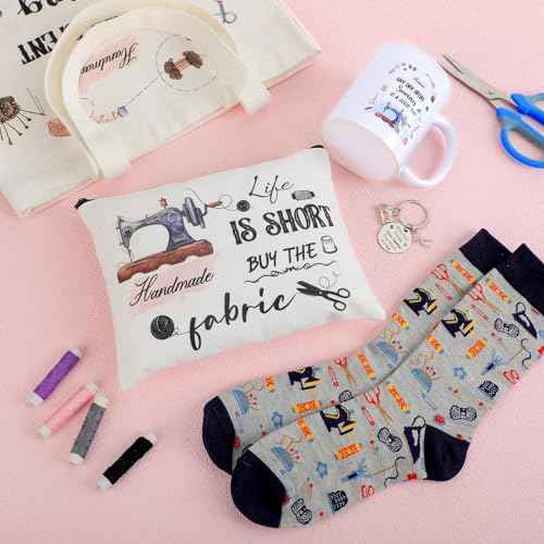 Abbylike 5 Pcs Sewing Gifts for Seamstress Women Gifts Canvas Bag Cosmetic Bag Quilting Coffee Mug Socks 11 oz Cup Quilter Keychain Funny Presents for Mom Quilters Sewing Lovers(White,Classic)