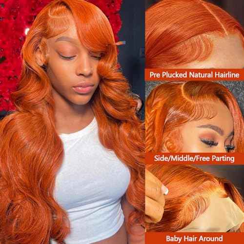 Ginger Orange 30 Inch Lace Front Wigs Human Hair Body Wave Wavy 13x6 HD Lace Front Glueless Ginger Wig Human Hair 180% Density Transparent HD Lace Frontal Wigs Pre Plucked Hairline