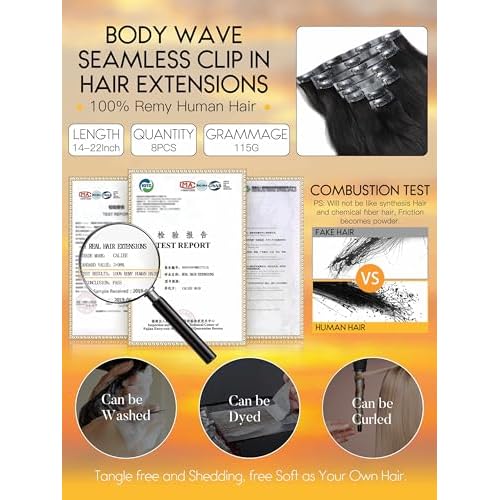 Caliee 16 Inch Body Wave Clip in Hair Extensions Real Human Hair Invisible Skin Weft Virgin Human Hair Soft 8Pcs 115G Natural Black Body Wave Clip ins Human Hair