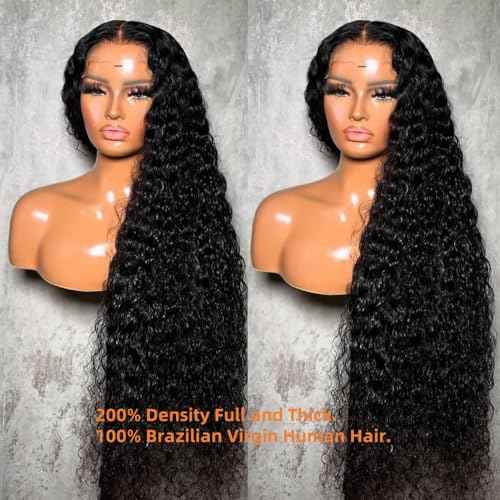 Caijuxing 34 Inch Water Wave Lace Front Wigs Human Hair 200 Density 13x6 HD Lace Front Wigs for Women Pre Plucked Glueless Deep Curly Human Hair Wig Natural Black (34 Inch)