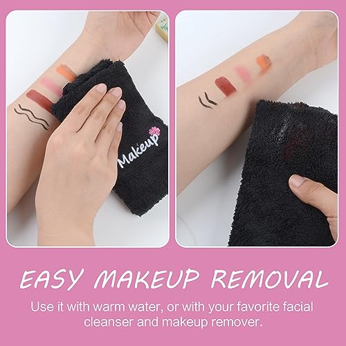 SINLAND Plush Microfiber Makeup Remover Wash cloths Reusable embroidery Face Cloths Ultra Soft Coral Fleece Fingertip Face Towels for Make Up Removal 12 x 12 Inch 6Pack Black