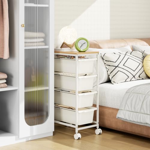 4-Drawer Rolling Storage Cart with Wooden Top & Lockable Wheels