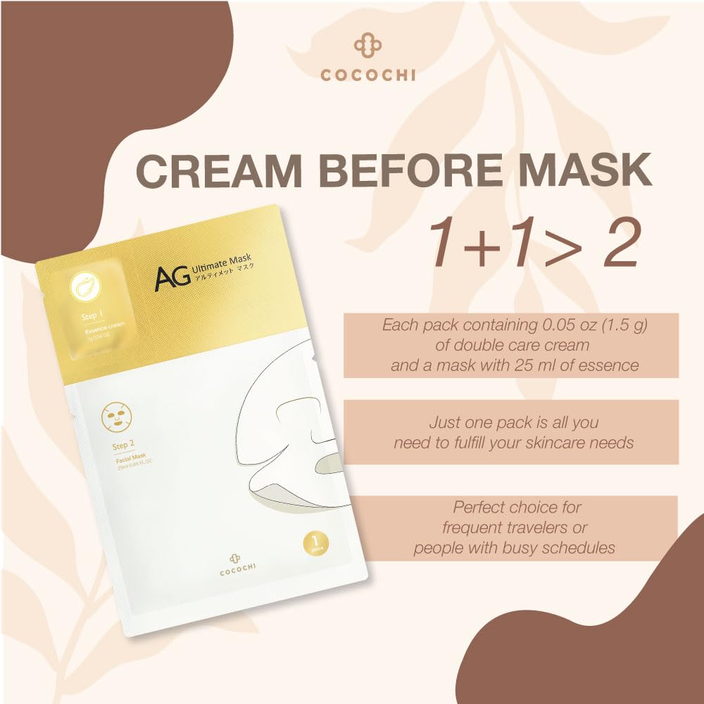 COCOCHI AG Ultimate 2 Steps Brightening Facial Mask Pack of 5, Moisturizing Facial Sheet Mask for All Skin Type, Anti-Aging Japanese Skincare, Anti-Glycation Face Mask Skincare With Hydrating Essence