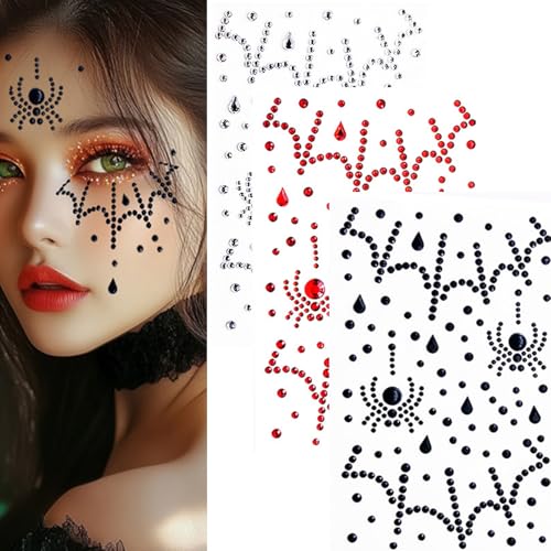 3 Pieces Spider Web Face Jewels Rhinestones,Spider Body Gems Stickers Halloween Temporary Face Tattoos,Halloween Cosplay Festival Rave Face Stickers Day of the Dead Decorations