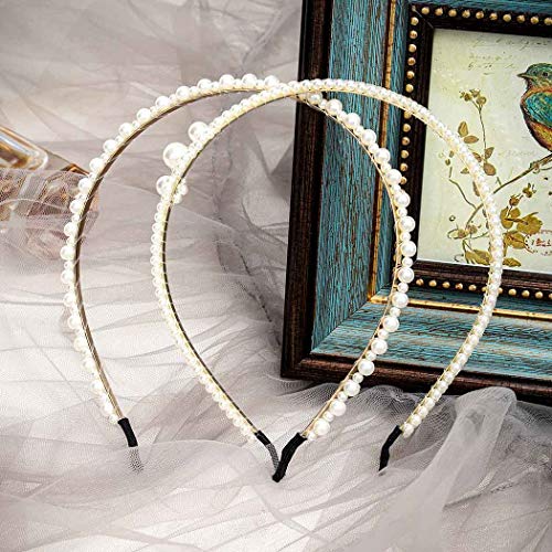 Dmaiy 2 Pieces Pearls Headbands White Pearl Hairband Fashion Head Band Bridal Hair Hoop Bridal Faux Pearl Beads Wedding Elegant Hair Accessories for Women and Girls (Elegant)