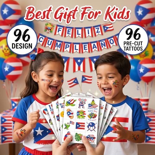 96PC Puerto Rico Temporary Tattoos for Kids | Waterproof Party Favors