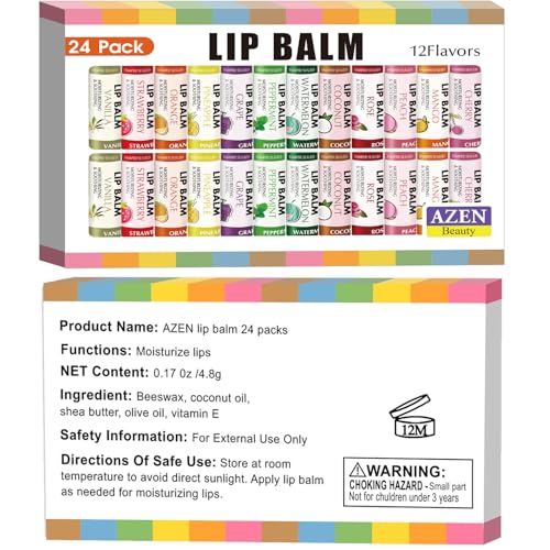 AZEN 24 Pack Lip Balm Stocking, Natural Lip Balm Bulk, Moisturizing Lip Balm for Dry Lips