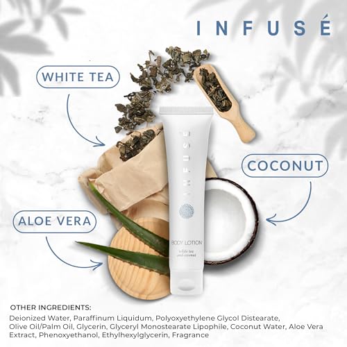 Travel Size Hotel Body Lotion 20 Count 1 oz Bottles Guest Amenities for Hotels Vacation Rentals and Short Term Rentals Paraben Free White Tea and Coconut Scent Infused with Aloe & Olive Oil by INFUSE