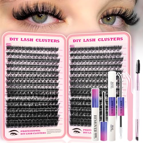 Lash Clusters Kit, 392pcs 150D Natural Fluffy D Curl Lashes Clusters 10-18mm Individual DIY Manga Wispy Cluster Eyelash Extensions Kit Fairy Flora Eyelashes with Bond Seal Tweezers Brush Remover